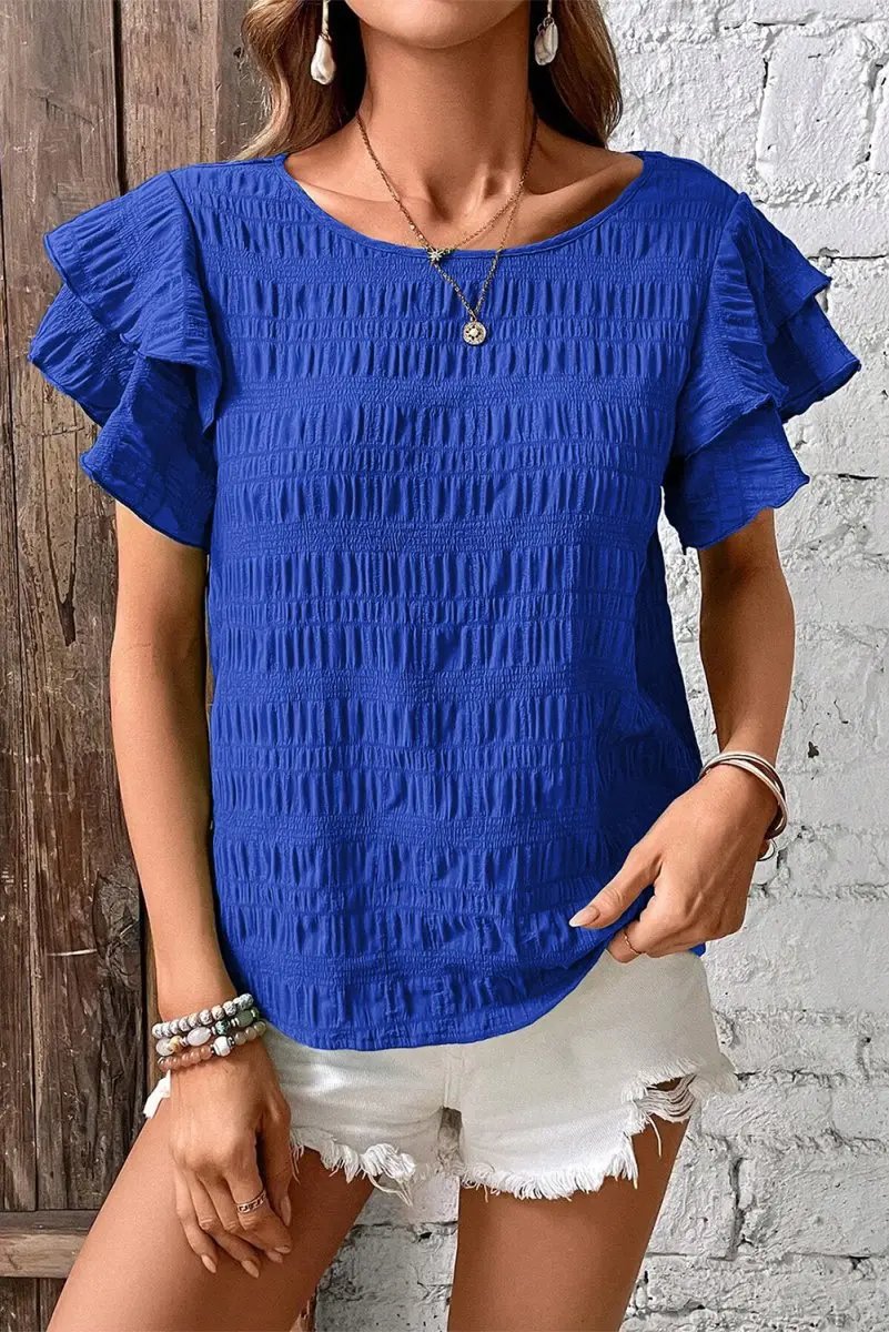 Love Salve Dark Blue Ruffle Sleeve Women's Top Elegant Casual Wear Textured
