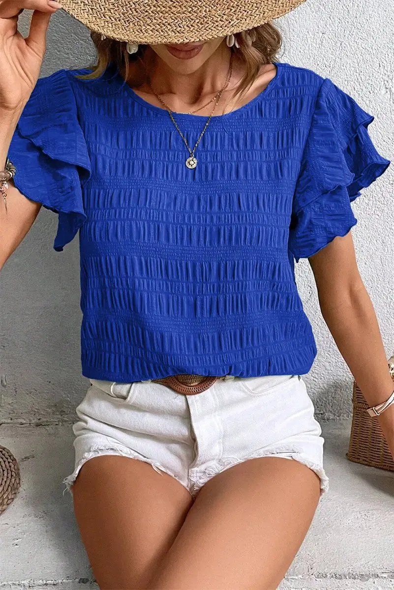Love Salve Dark Blue Ruffle Sleeve Women's Top Elegant Casual Wear Textured