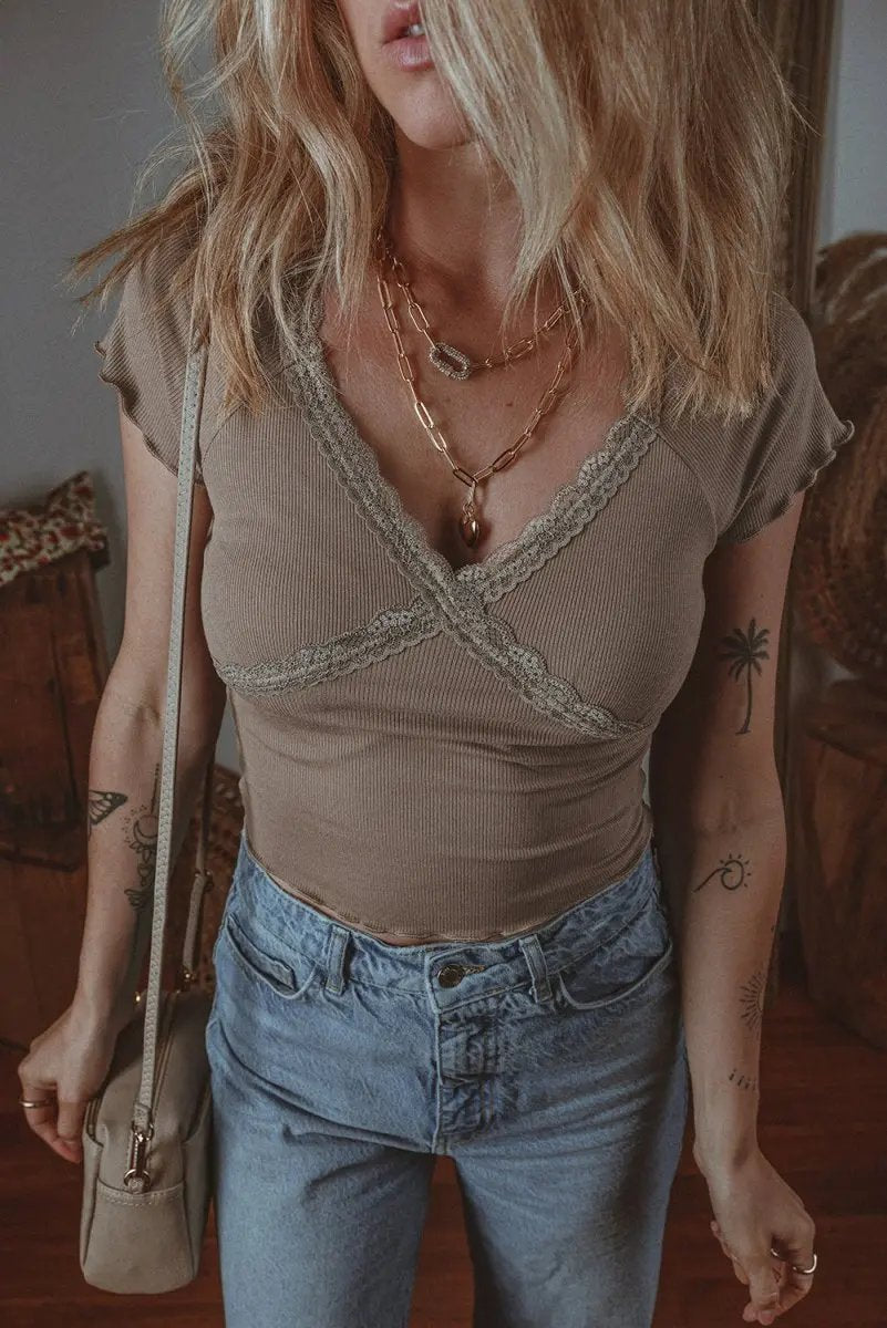 Love Salve Dark Brown Ribbed Tee Women's Daily Wear V-Neck Slim Fit T-Shirt