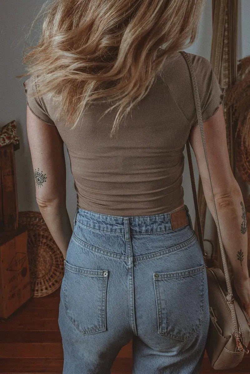 Love Salve Dark Brown Ribbed Tee Women's Daily Wear V-Neck Slim Fit T-Shirt