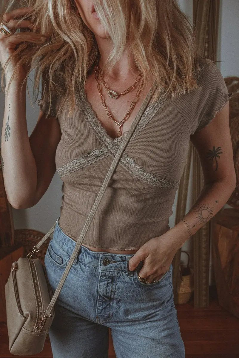 Love Salve Dark Brown Ribbed Tee Women's Daily Wear V-Neck Slim Fit T-Shirt