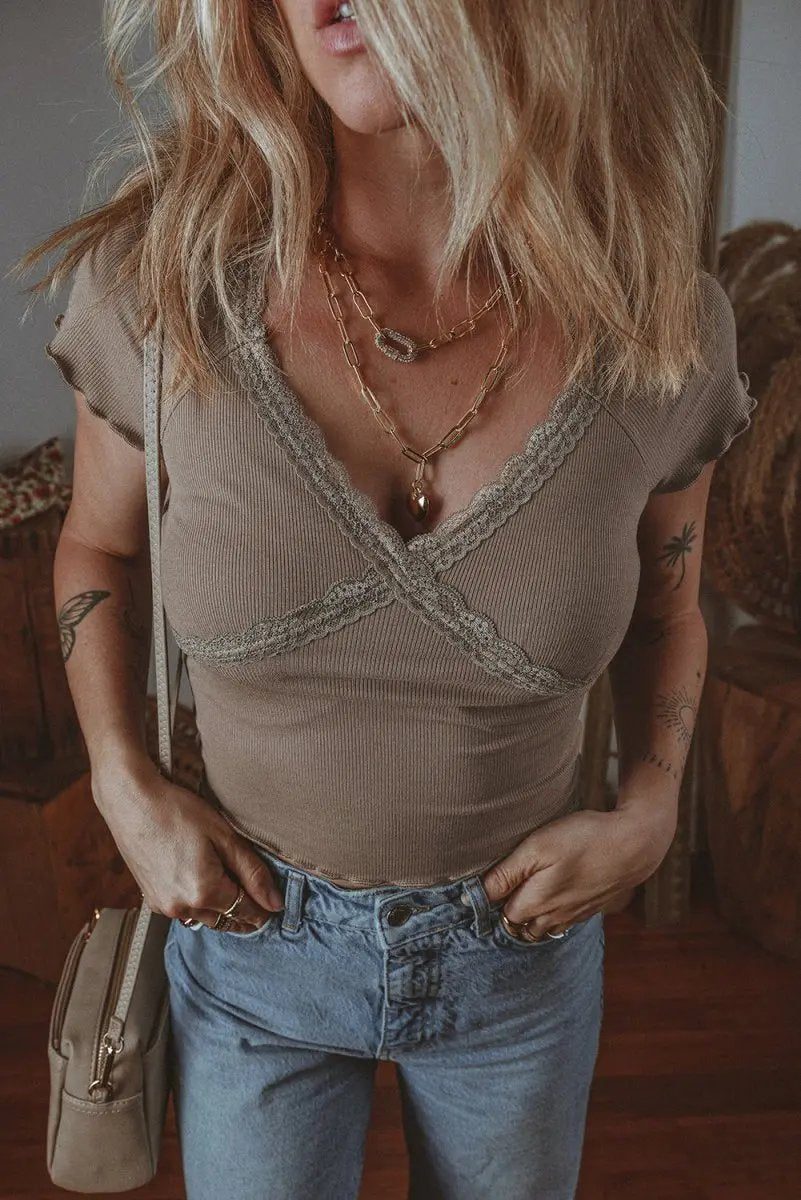 Love Salve Dark Brown Ribbed Tee Women's Daily Wear V-Neck Slim Fit T-Shirt