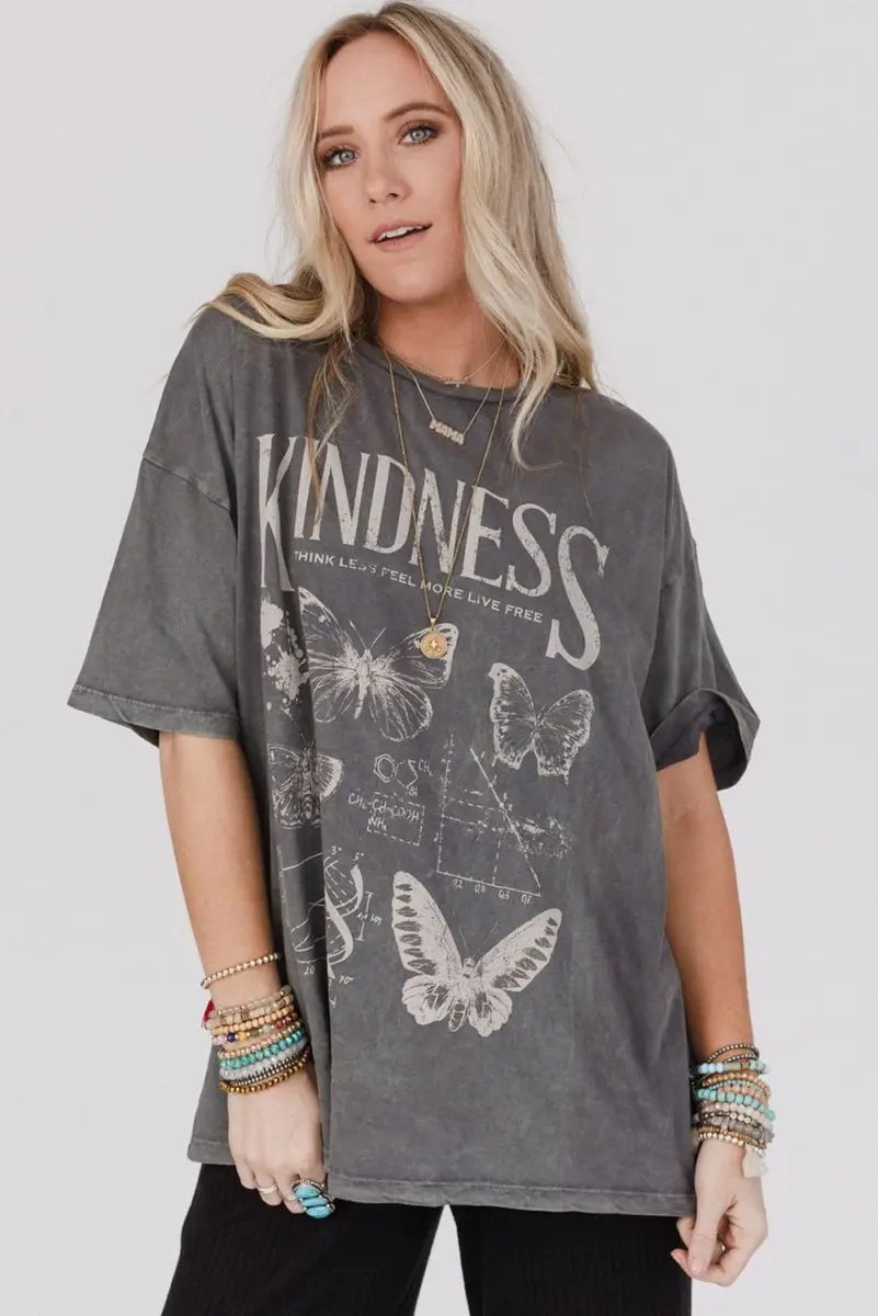 Love Salve Grey Butterflies Graphic Daily Wear Tee Women's Mineral Wash, Loose Fit