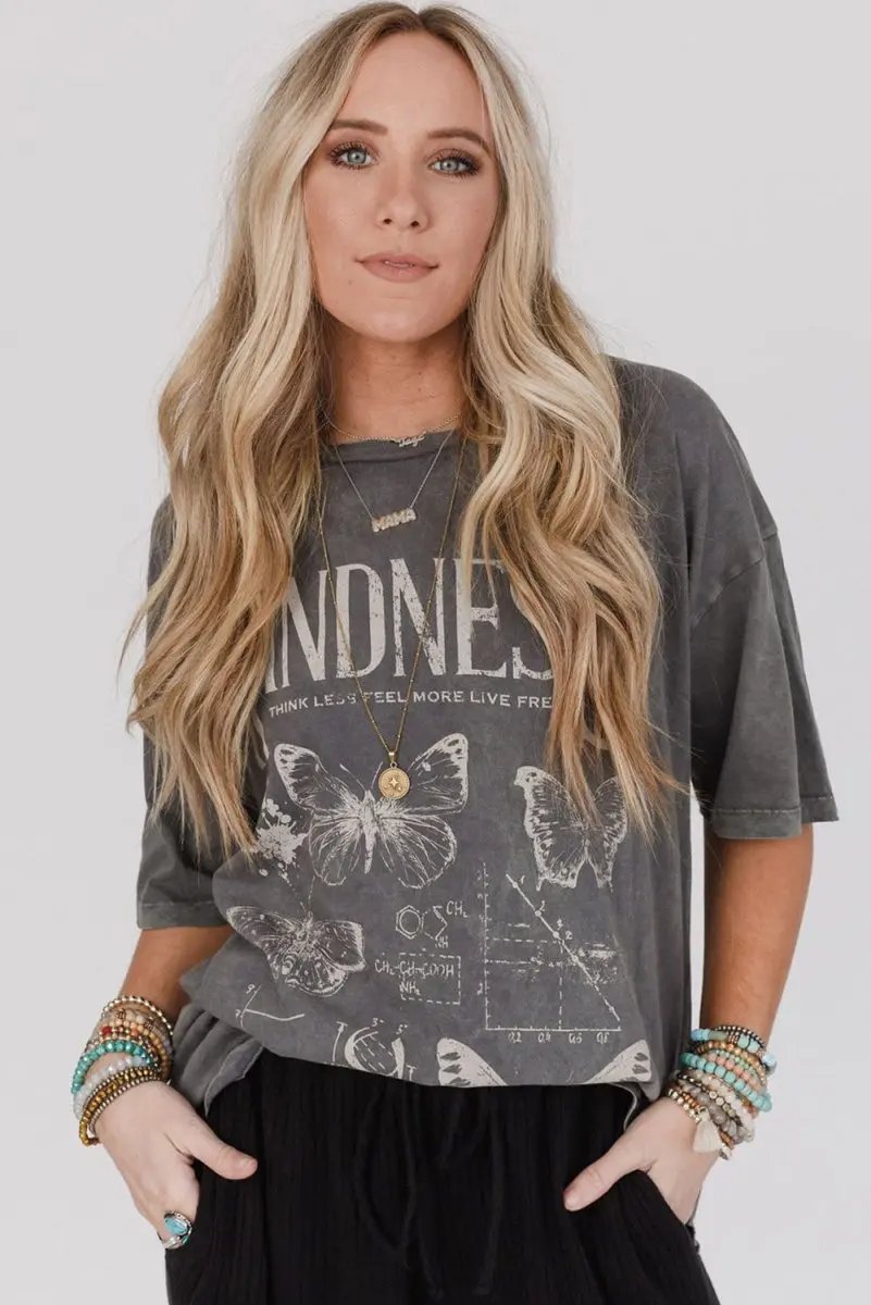 Love Salve Grey Butterflies Graphic Daily Wear Tee Women's Mineral Wash, Loose Fit