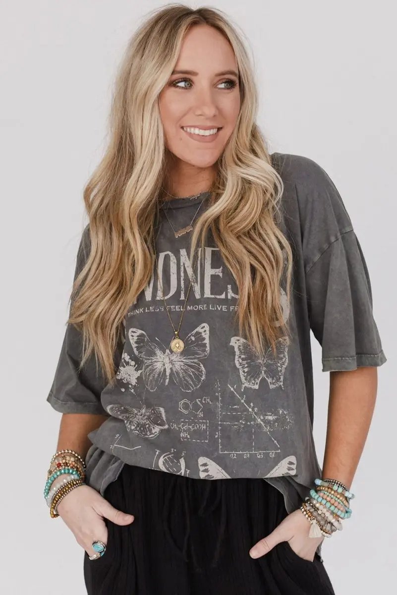 Love Salve Grey Butterflies Graphic Daily Wear Tee Women's Mineral Wash, Loose Fit