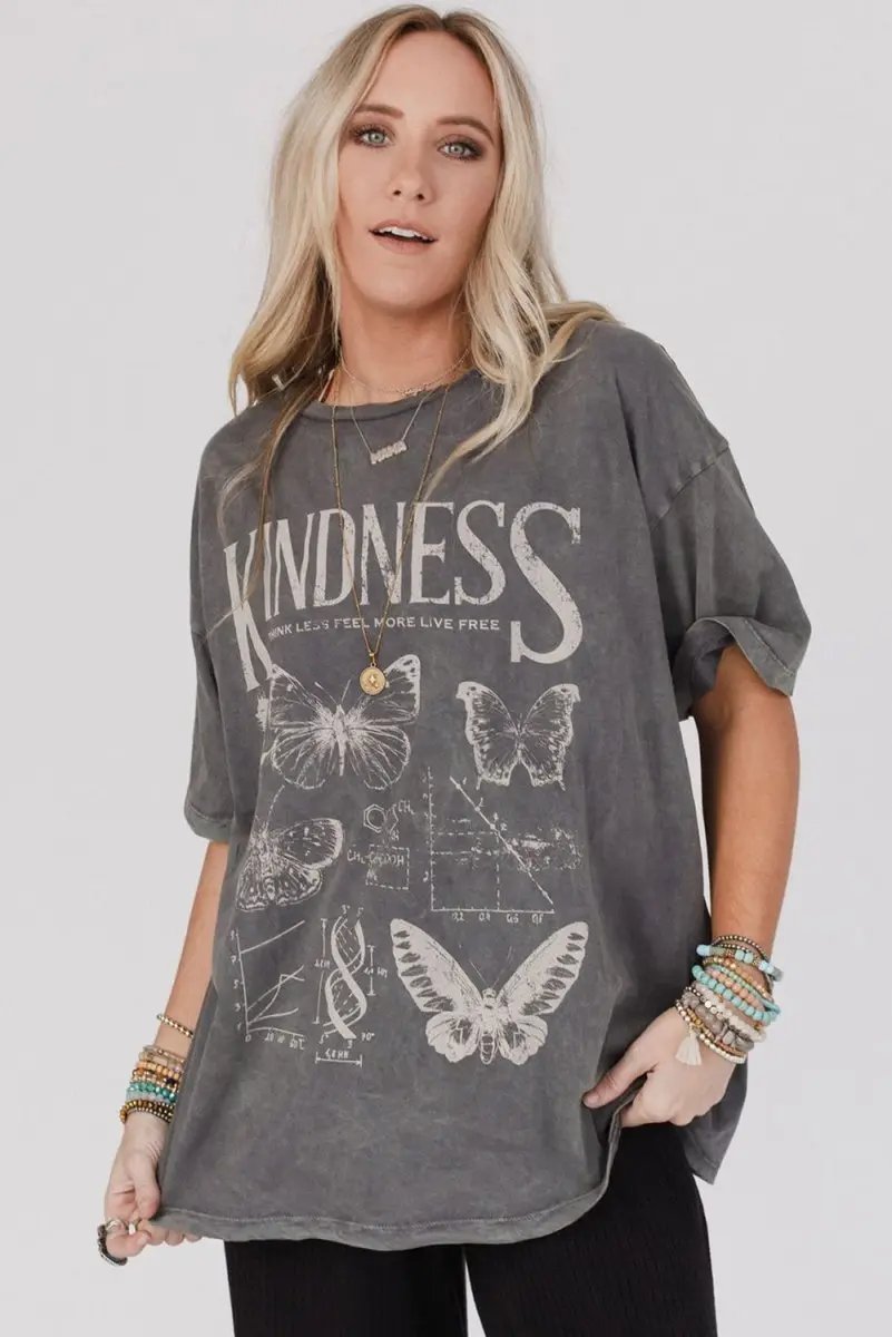 Love Salve Grey Butterflies Graphic Daily Wear Tee Women's Mineral Wash, Loose Fit