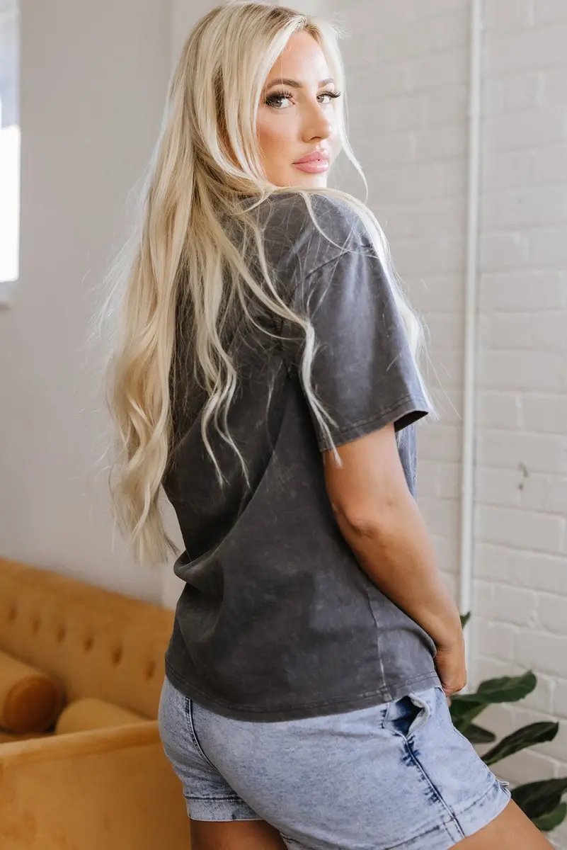 Love Salve Grey Butterflies Graphic Daily Wear Tee Women's Mineral Wash, Loose Fit