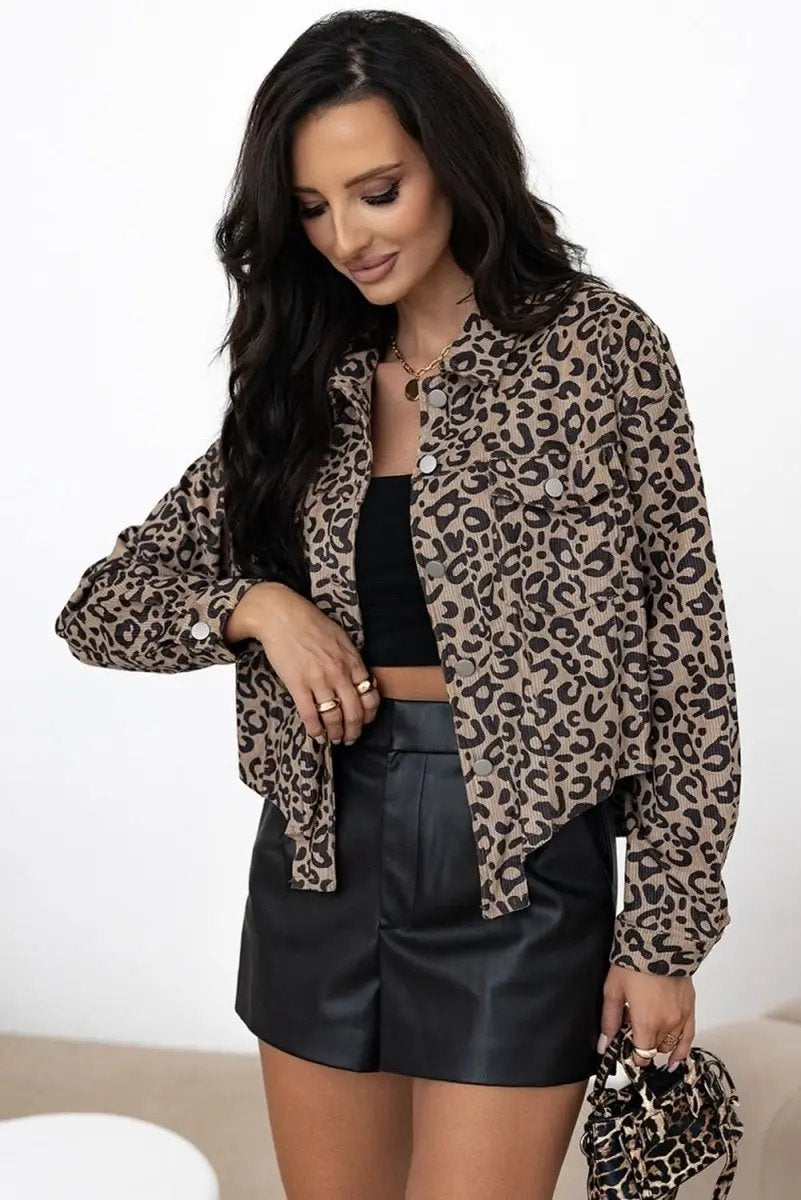 Love Salve Khaki Leopard Corduroy Women's Casual Jacket: Irregular Hem, Buttoned