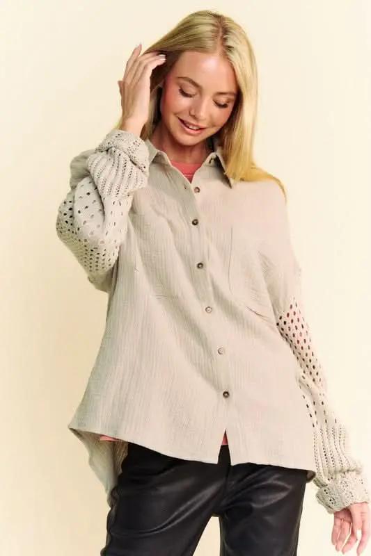 Trendsi Crochet Sleeve Shirt Women's Casual Top Crinkled Texture Lightweight