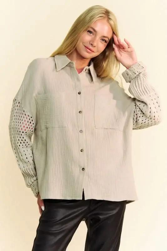 Trendsi Crochet Sleeve Shirt Women's Casual Top Crinkled Texture Lightweight