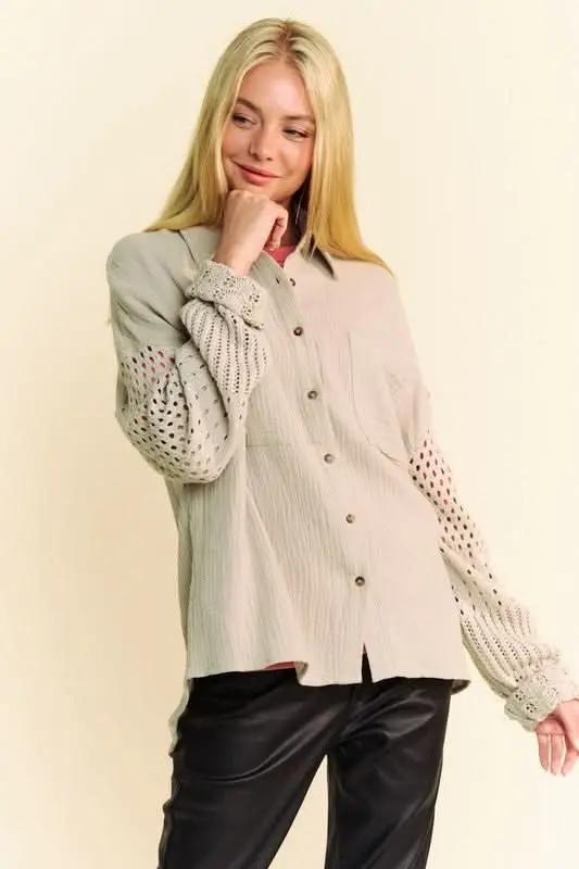 Trendsi Crochet Sleeve Shirt Women's Casual Top Crinkled Texture Lightweight