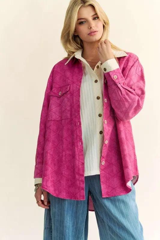 Trendsi Denim Shacket Women's Casual Diamond Quilted Button Up Top - Curved Hem, USA Ship