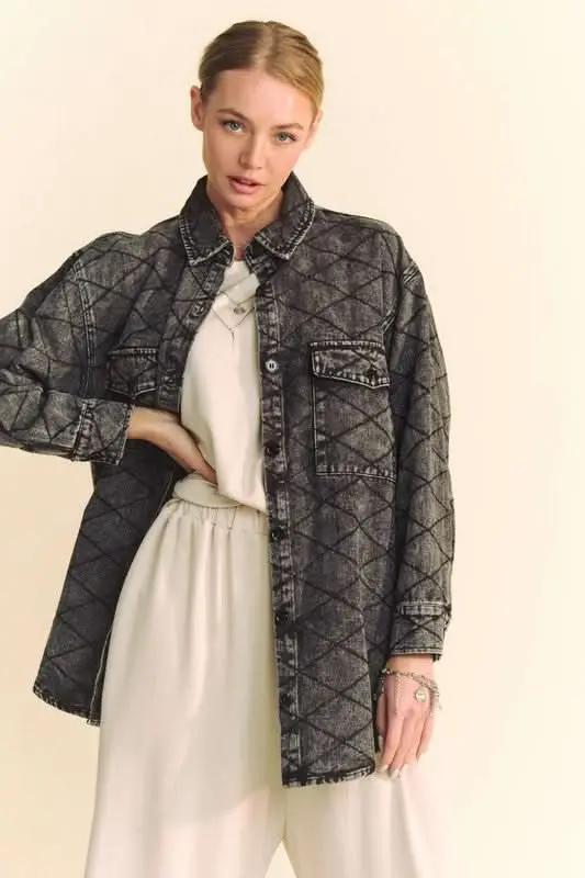 Trendsi Denim Shacket Women's Everyday Diamond Quilted Button Up Jacket