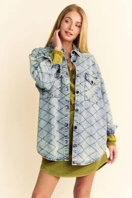 Denim Shacket - Diamond Quilted, Curved Hem - Women's Casual