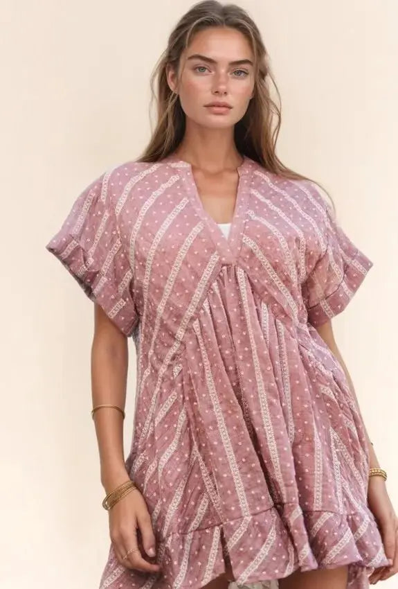 Trendsi V-Neck Mini Dress Women's Casual Ruffled Embroidery Summer Dress