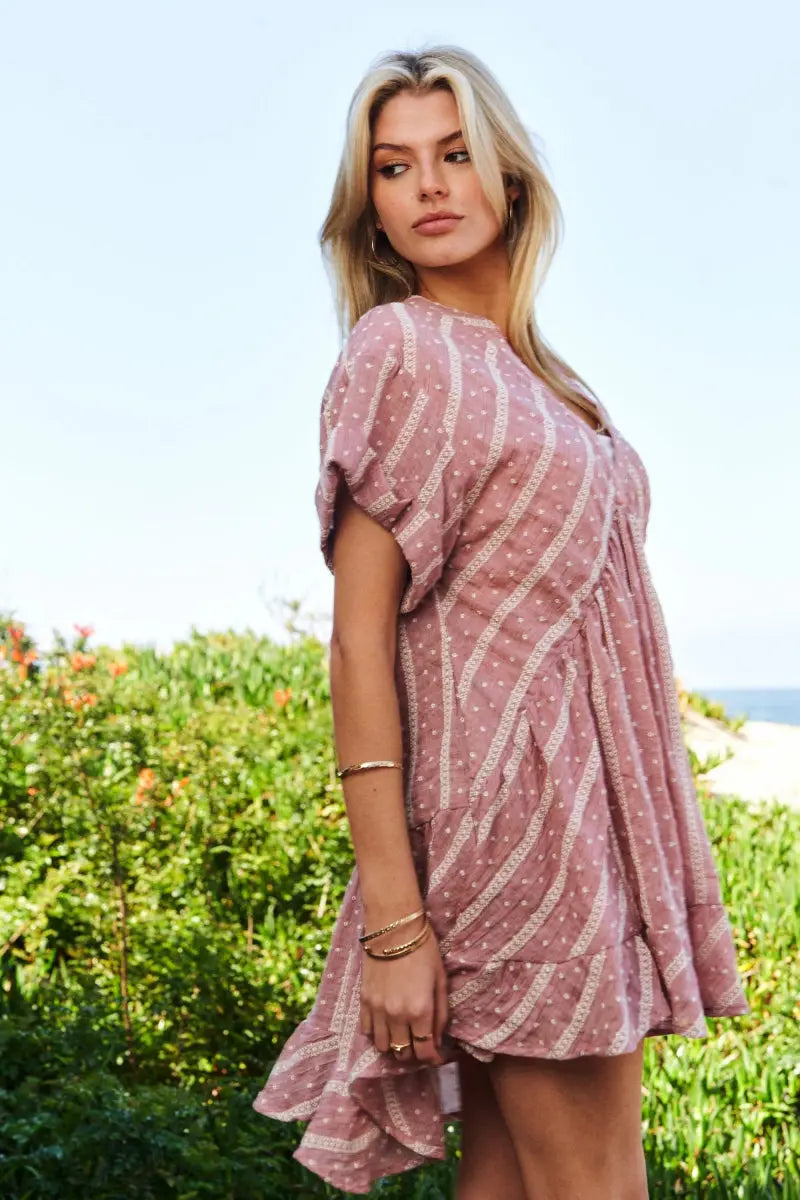 Trendsi V-Neck Mini Dress Women's Casual Ruffled Embroidery Summer Dress