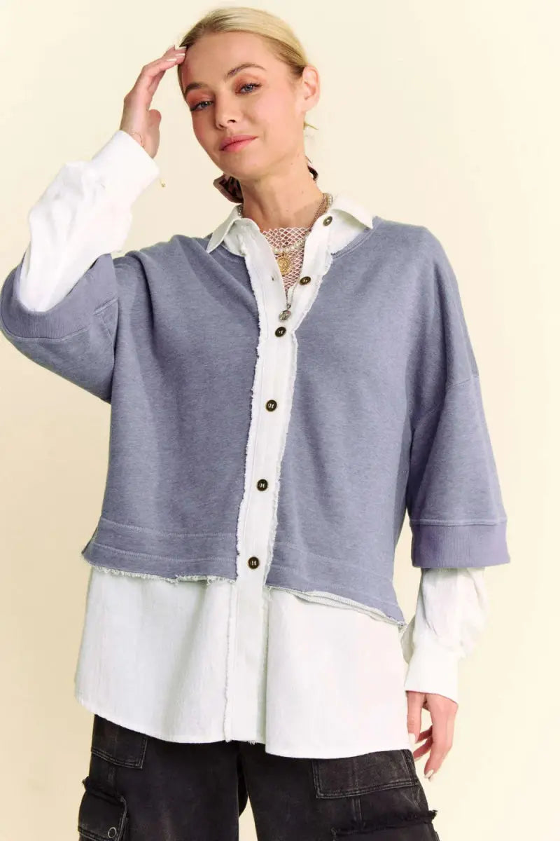 Trendsi Faux Layered Top Women's Casual French Terry Shirt - Comfy & Stylish