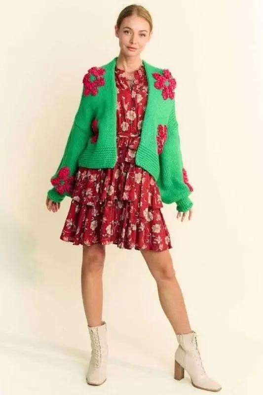Trendsi Floral Applique Cardigan Women's Open Front Layering Lightweight Knit