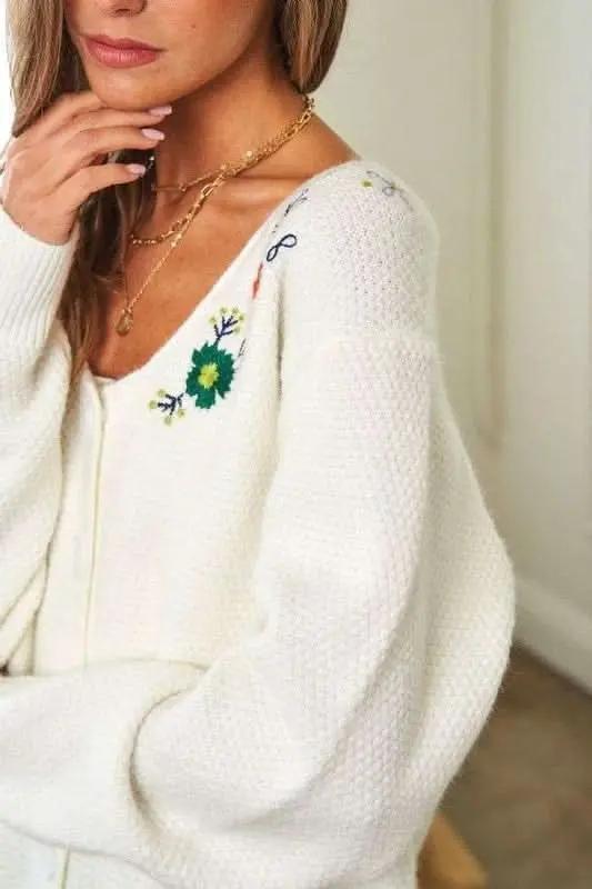 Trendsi Flower Embroidered Cardigan Women's Button Up Long Sleeve Lightweight Top