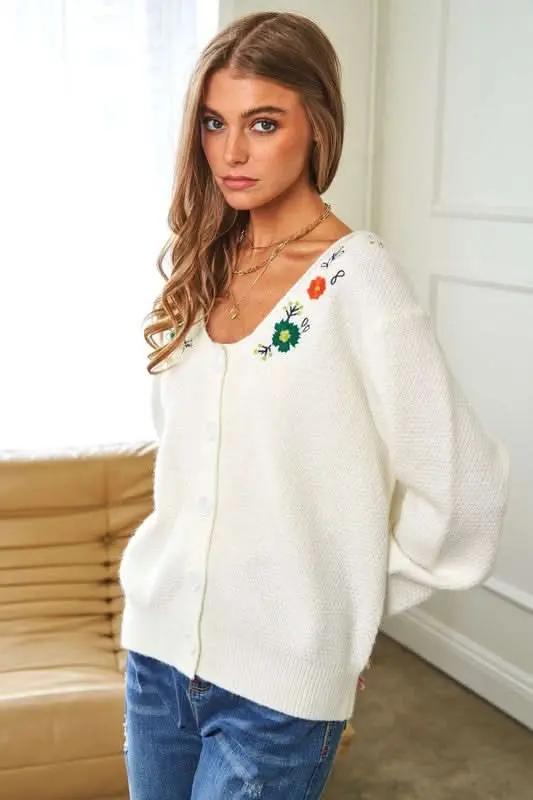 Trendsi Flower Embroidered Cardigan Women's Button Up Long Sleeve Lightweight Top