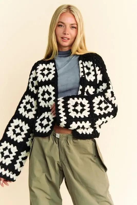 Trendsi Crochet Cardigan Women's Two-Tone Flower Open Front Lightweight Knit