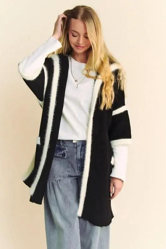Cardigan - Fuzzy Trim Open Front - Layering Essential