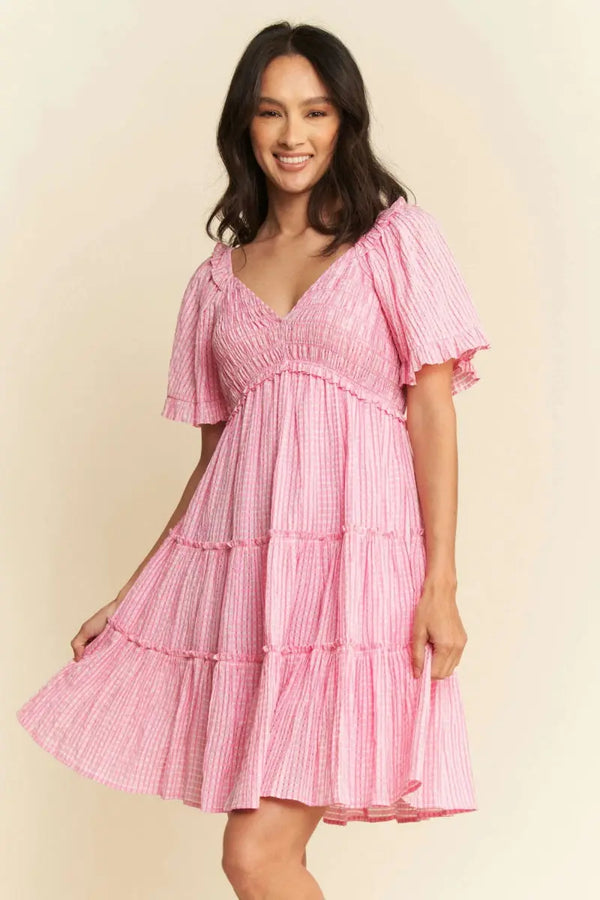 Trendsi Jacquard Smocked Dress Women's Casual Tiered Mini Dress - Cute & Flattering