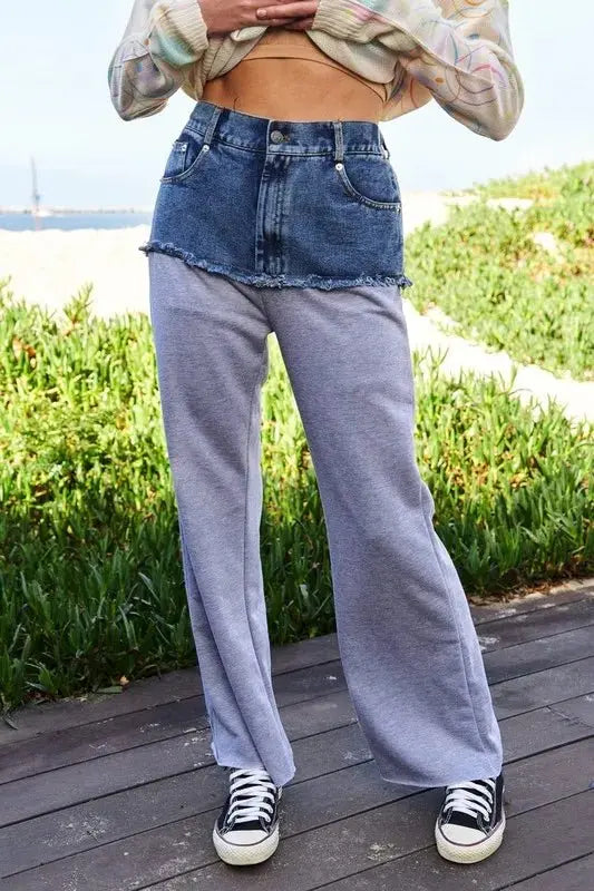 Trendsi Davi & Dani Denim Patchwork Wide Leg Women's Casual Pants: Raw Hem