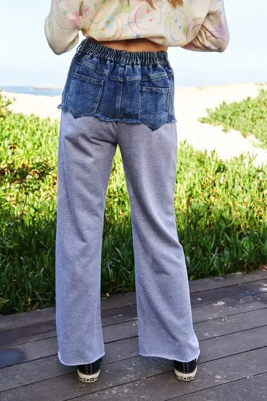 Trendsi Davi & Dani Denim Patchwork Wide Leg Women's Casual Pants: Raw Hem