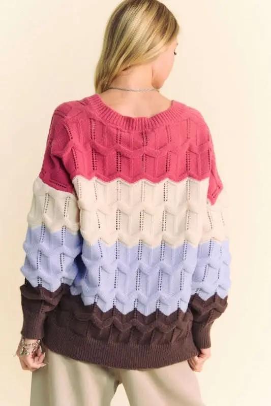 Trendsi Davi & Dani Color Block Sweater Women's Casual V-Neck Knit Top - Soft & Stylish