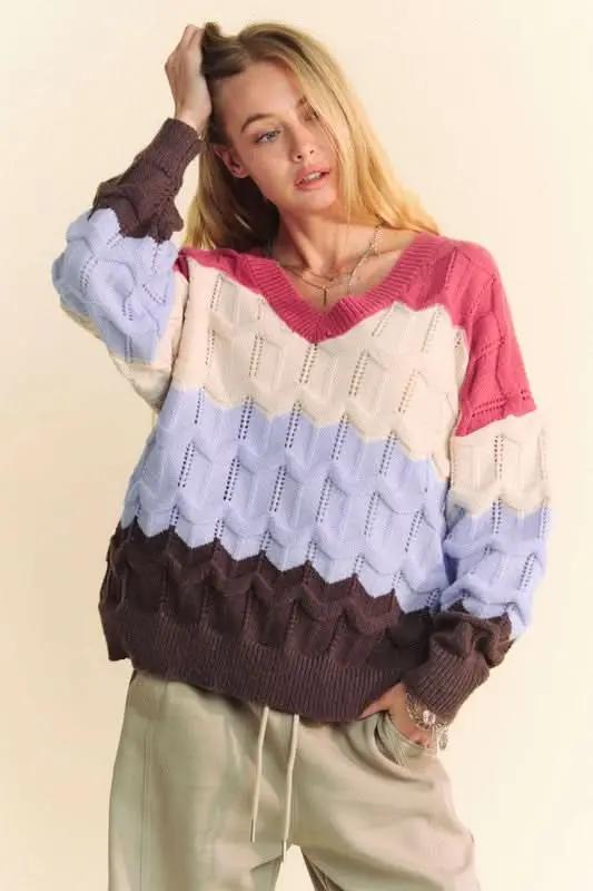 Trendsi Davi & Dani Color Block Sweater Women's Casual V-Neck Knit Top - Soft & Stylish