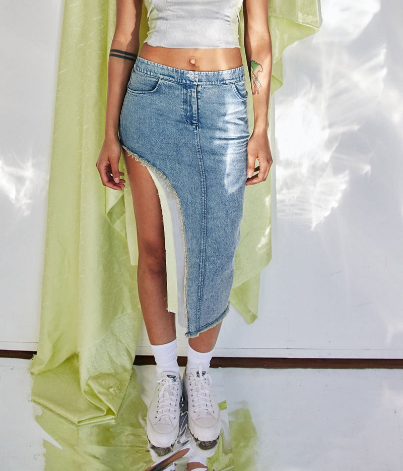 DAWANG Duo Denim Patch Side-Slit Skirt
