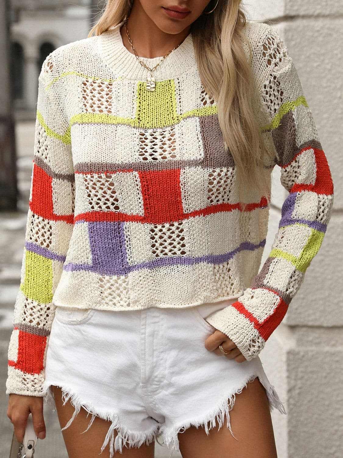 Trendsi Colorful crochet round neck pullover
