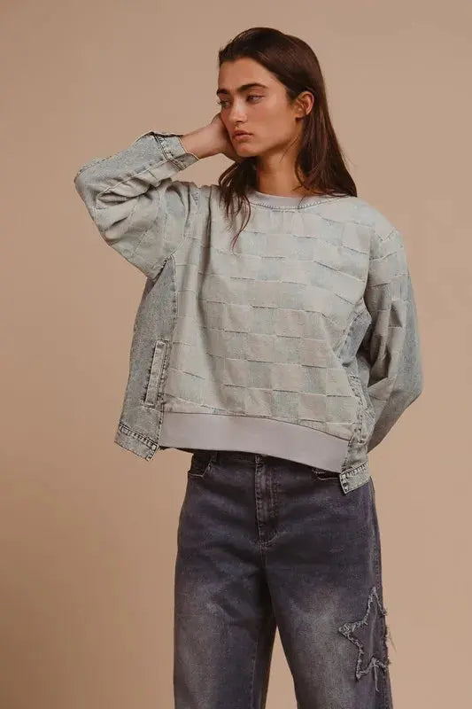 Denim Top - Mineral Washed Checkered - Casual Round Neck