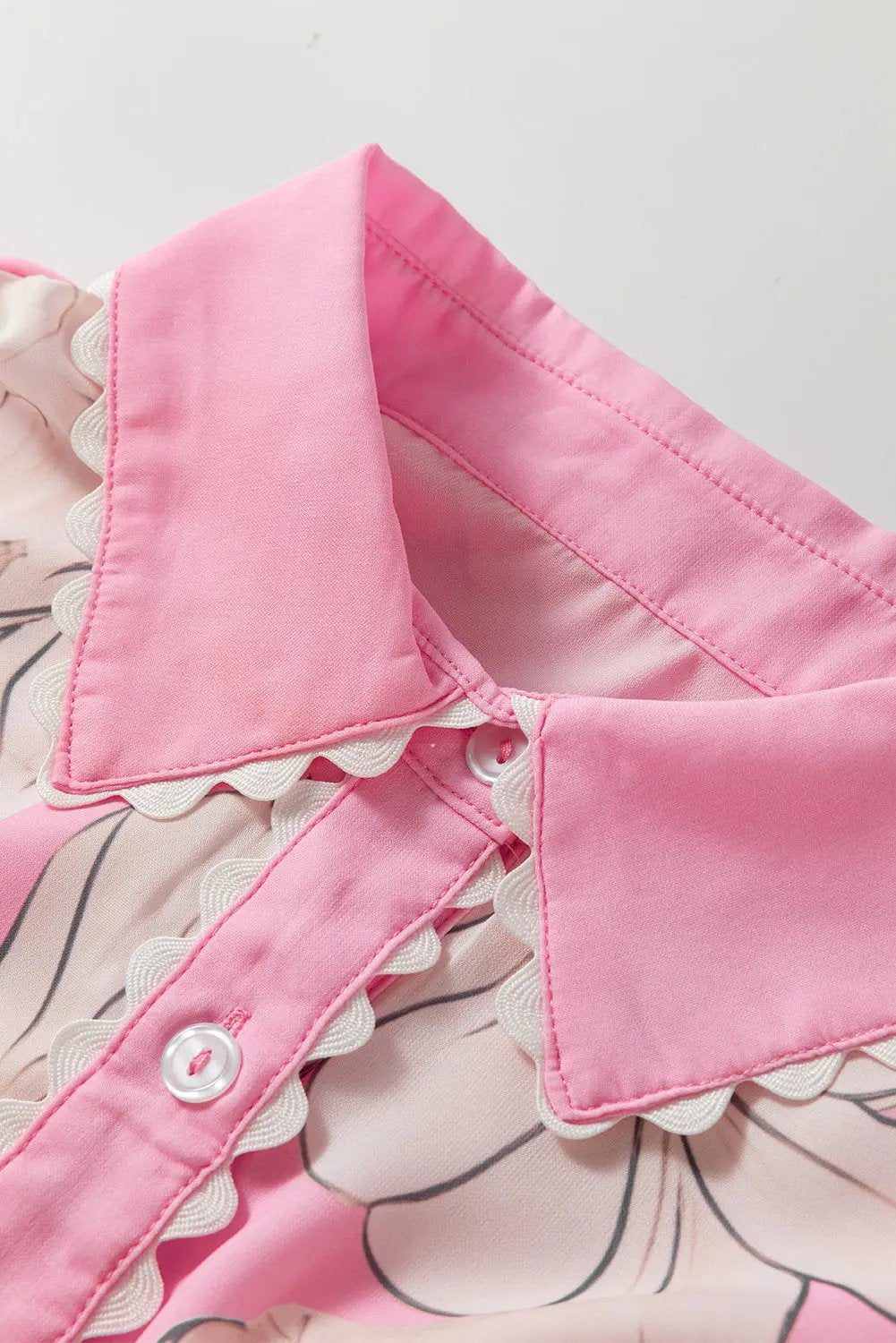 Love Salve Pink Floral Shirt Women's Daily Southern Belle Top Ric Rac Trim Cute