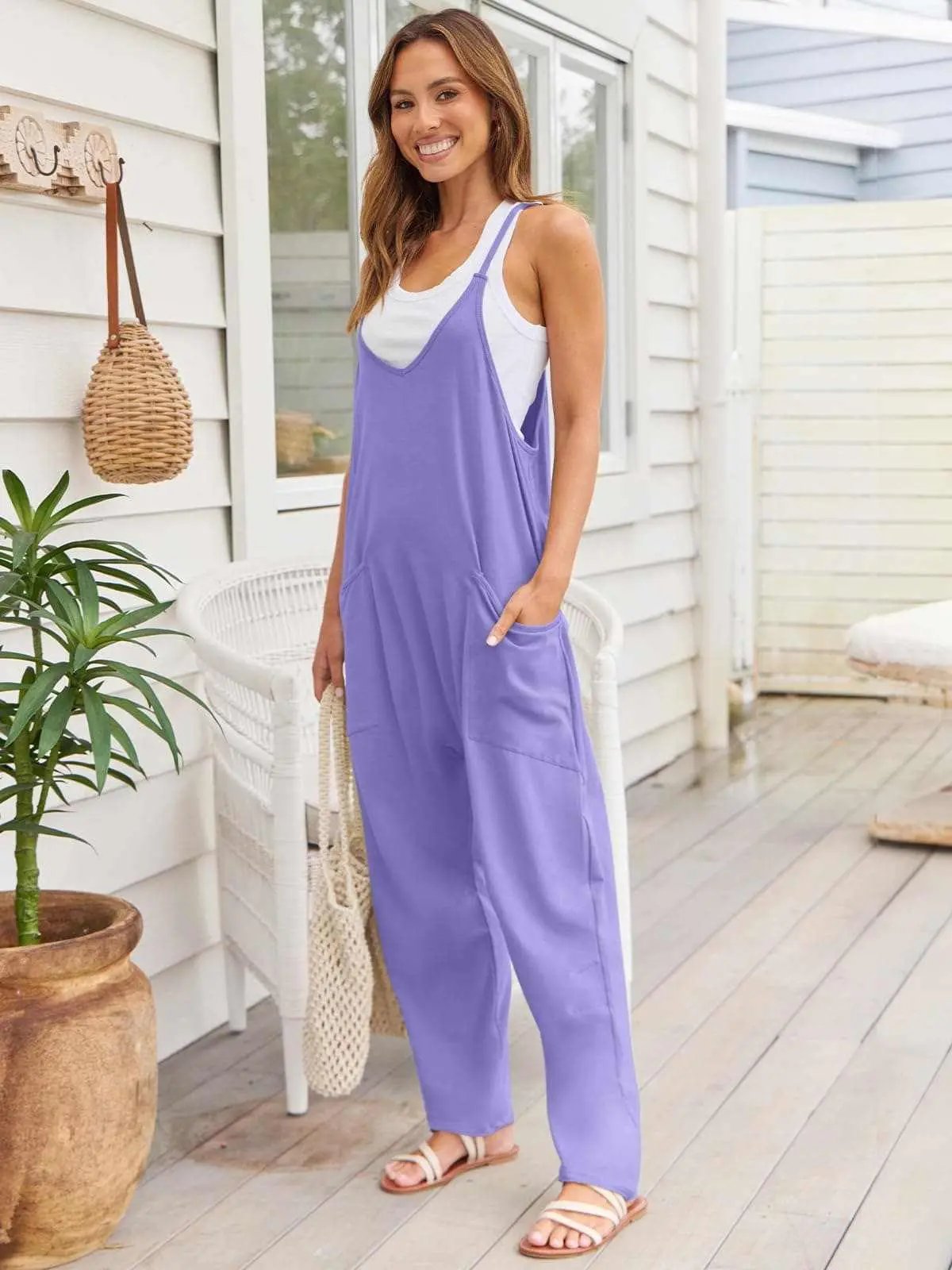 Trendsi V-Neck Jumpsuit Women's Casual Romper Comfy Pocket One-Piece