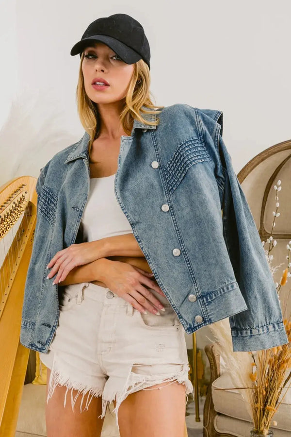 Women's Denim Jacket - Button Up Long Sleeve - Casual Style