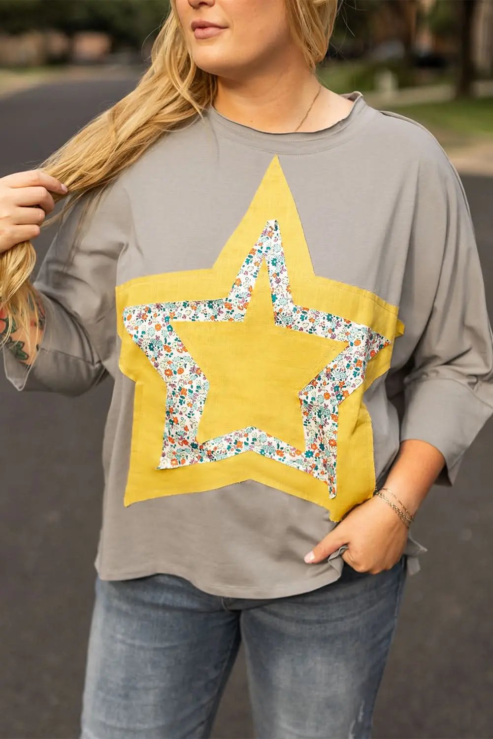 Love Salve Grey Floral Star Plus Size Women's Top: Western Style, Fall Fashion