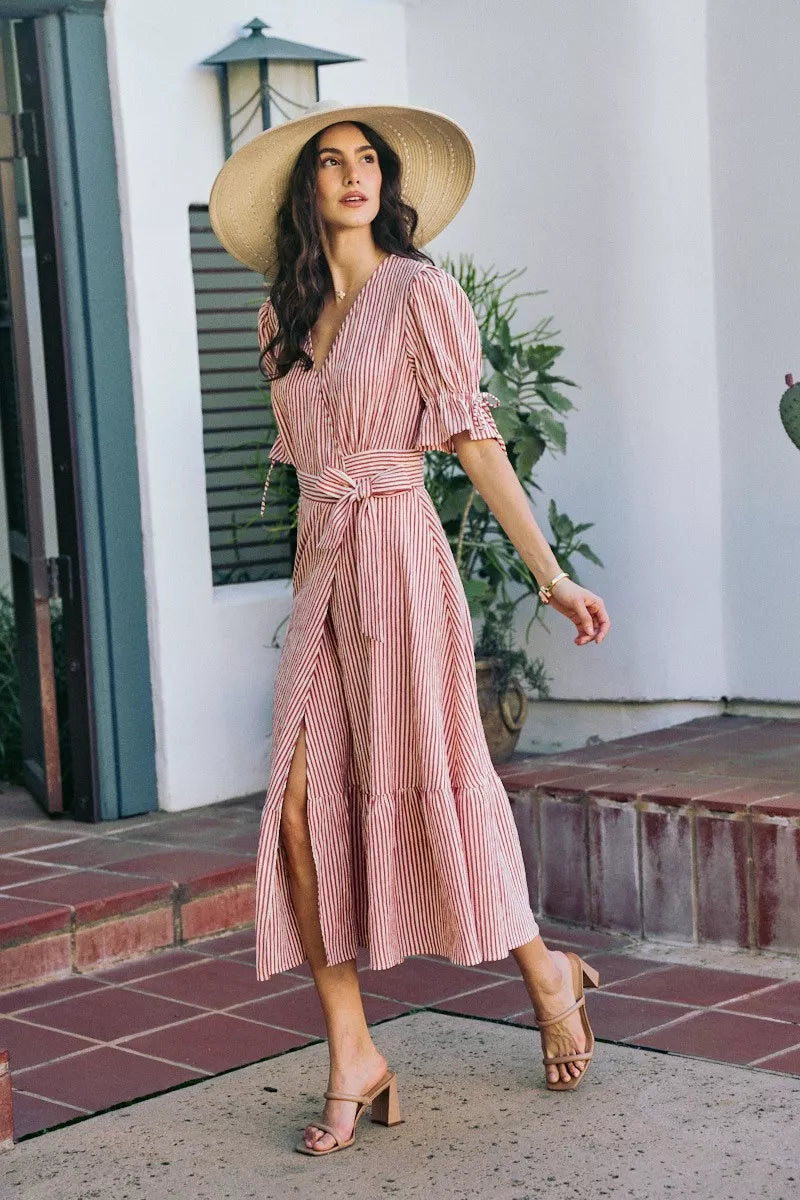 SO ME Stripe Textured Short Sleeves Lined Wrap Midi Dress