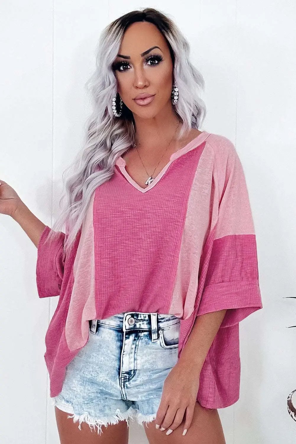 Oversize Top - Pink Colorblock 3/4 Sleeve - Chic Fashion