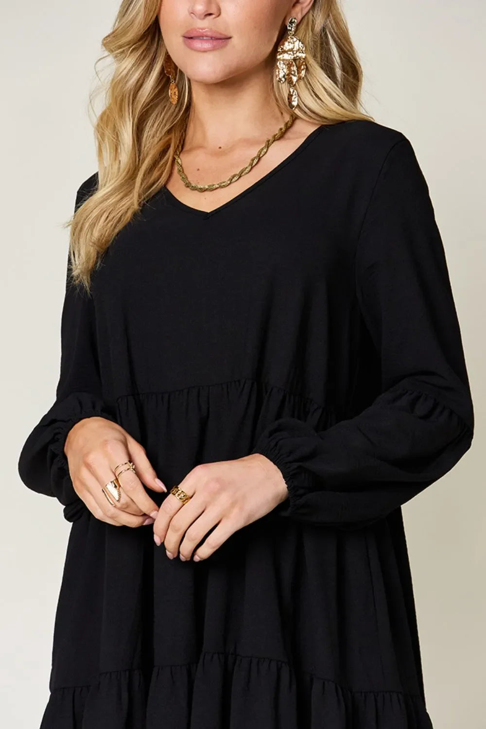 Full-Size V-Neck Balloon Sleeve Tiered Dress with Pockets
