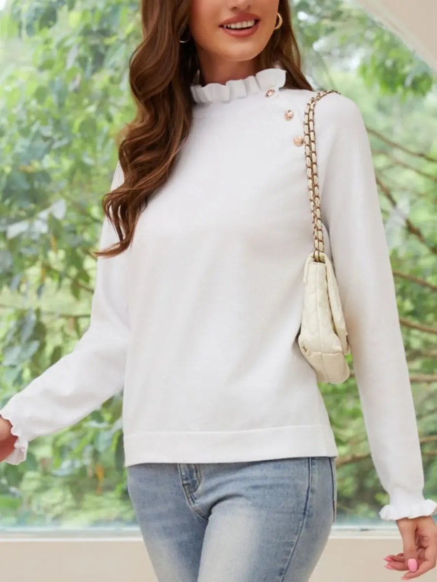 Women's Top - Button Turtleneck Ruffled - Everyday Long Sleeve