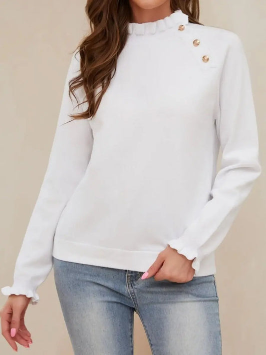 Women's Top - Button Turtleneck Ruffled - Everyday Long Sleeve