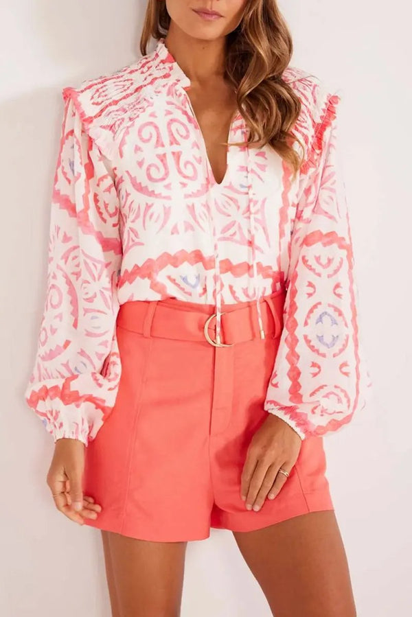 Love Salve Pink Floral Blouse Women's Daily Southern Belle Smocked Poet Top