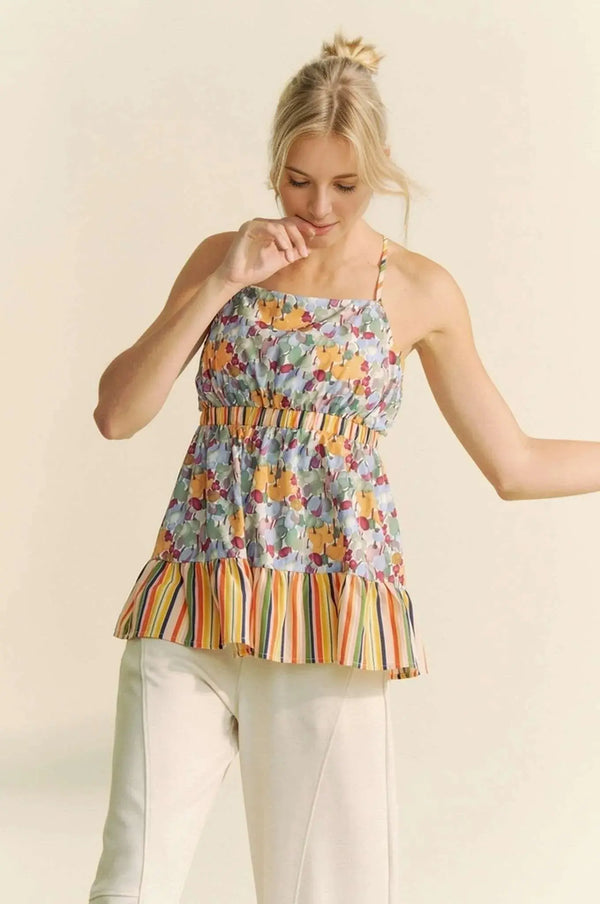 Tank Top - Floral Smocked Ruffle - Summer Casual Tie Back
