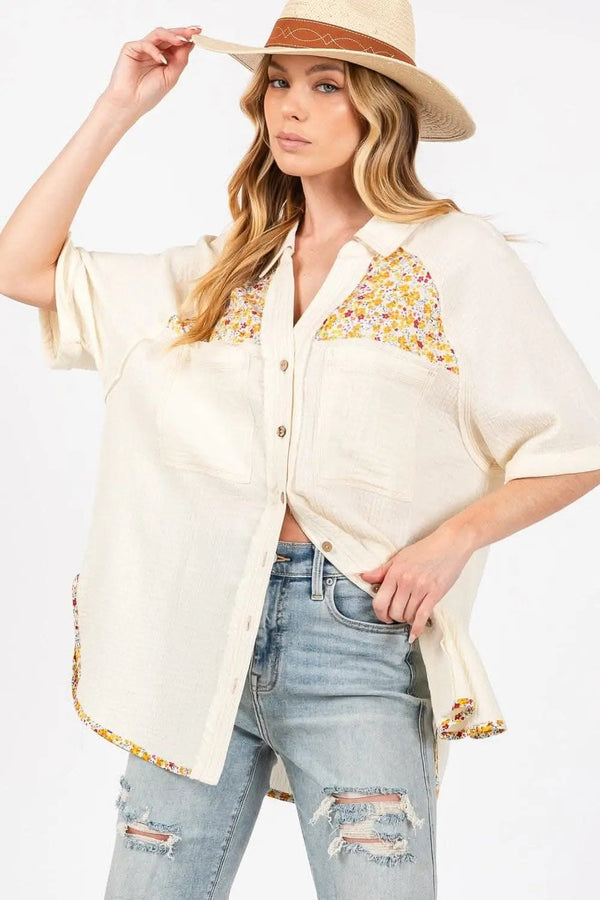 Trendsi Floral Button Up Women's Casual Shirt - Short Sleeve, Lightweight