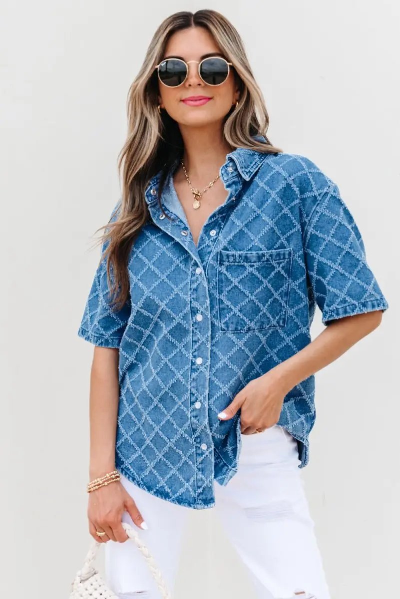 Love Salve Blue Checkered Denim Daily Wear Shirt Women's Casual Short Sleeve Top