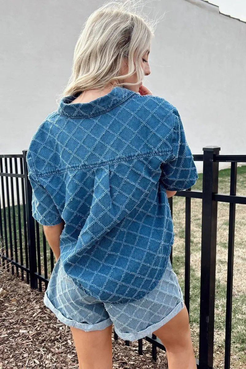 Love Salve Blue Checkered Denim Daily Wear Shirt Women's Casual Short Sleeve Top