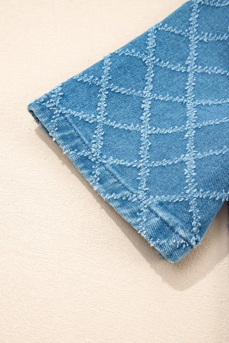 Love Salve Blue Checkered Denim Daily Wear Shirt Women's Casual Short Sleeve Top