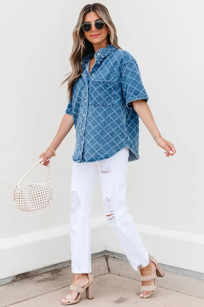 Love Salve Blue Checkered Denim Daily Wear Shirt Women's Casual Short Sleeve Top